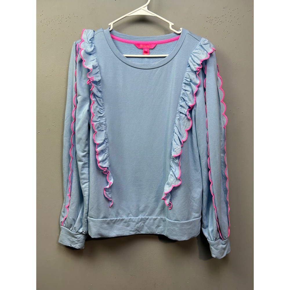 Lilly Pulitzer Sweatshirt Womens Medium Blue Pink Scalloped Ruffle Trim Pullover